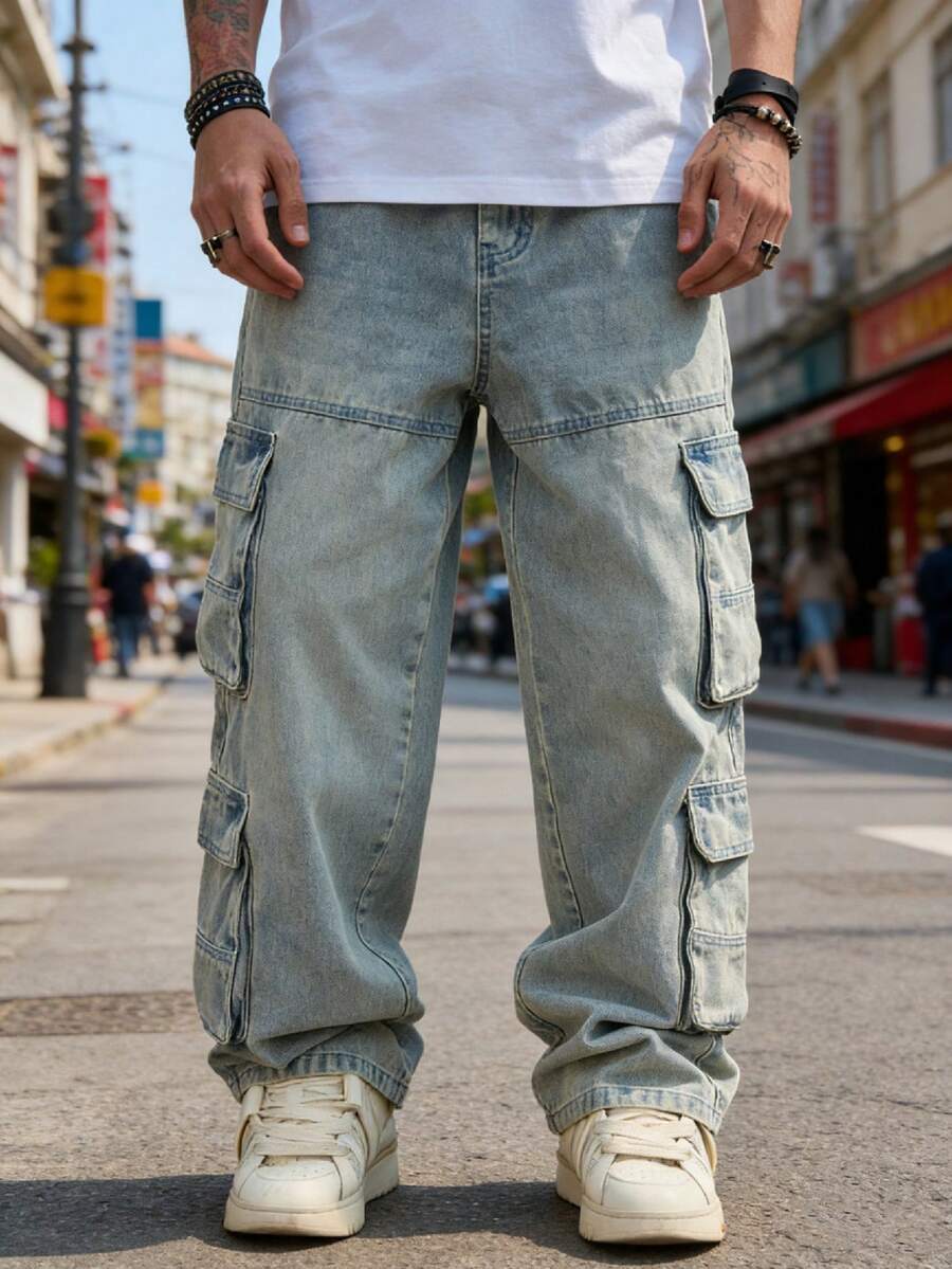 HIMLAND Men's Casual Loose Straight Leg Jeans With Pockets, Cargo Style Style Men Wide Leg Jean Baggy Cargo Jeans Men S Loose Straight Leg Casual Pants Cargos For Men