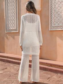 Selianne 女士休闲宽松长袖开衫和阔腿裤镂空针织两件套，春夏款 - 白色 - 查看 2