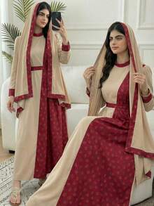 1pc Traditional Arab Abaya Dress, Teen GirlMandarin Collar Long Sleeve Khaki Patchwork Rose Print Cinched Waist Dress, Spring/Autumn - Khaki - View 1