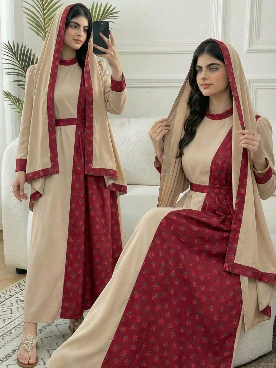 1pc Traditional Arab Abaya Dress, Teen GirlMandarin Collar Long Sleeve Khaki Patchwork Rose Print Cinched Waist Dress, Spring/Autumn - Khaki - View 1