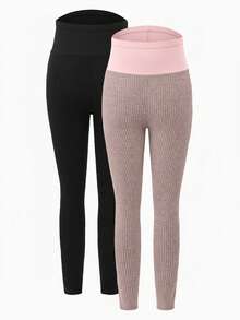 Modmama 2pcs Maternity Solid Color Basic Knitted Leggings, Casual Daily Wear - Pink - View 13