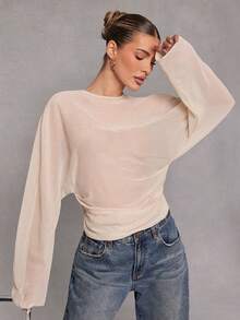 Hauture Women's Sheer Texture Butter Yellow Chiffon Open Back With Tie Detail Long Sleeves Blouse - Light Yellow - View 3