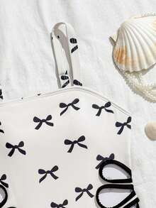 Tween GirlsSwimsuit Set, White Cute Bow Knit Fabric, Fashion Casual Elegant Lady Style, Suitable For Swimming, Summer Vacation, Beach, Pool, Holiday Party - Multicolor - View 6