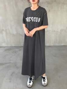 FRIFUL Đầm dài dáng rộng cho nữ, in chữ, xẻ tà và đường may trang trí, đầm maxi mùa hè. - Xám - Xem 4
