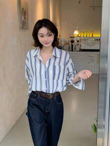 Women's Turndown Collar Striped Casual Loose Long Sleeve Blouse, Korean Style, Spring/Summer - Baby Blue - View 8