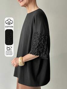 FRIFUL Women's Solid Black Sheer Lace Patchwork Loose Casual Versatile T-Shirt - Black - View 1