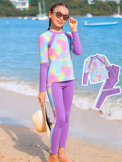 SHEIN ชุดว่ายน้ำ 2 ชิ้นสำหรับเด็กผู้หญิง, บิกินี่เกาะอกสายเดี่ยว & ชุดว่ายน้ำแขนยาวขายาว