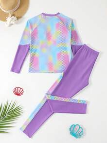 SHEIN 少女两件式泳衣，吊带露脐比基尼上衣和长袖长裤泳衣 - 彩色 - 查看 3