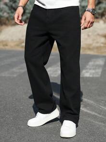 Manfinity Homme 男士宽松纯色休闲牛仔裤，带口袋，适合日常穿着 - 黑色 - 查看 4