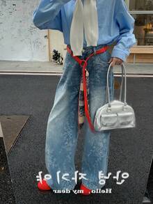 DAZY Quần jeans nữ ống rộng dáng suông in hoa kiểu Hàn Quốc, màu ombre, giặt mài. - Màu xanh lam - Xem 6