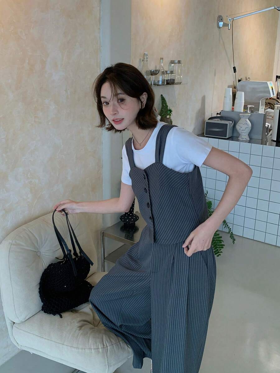 DAZY Women's Striped Woven Camisole Pants 2 Pieces Set, Korean Style - Grey - View 1