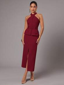 Silquee 女士优雅性感纯色露背吊带上衣和裙子套装秋冬女装 - 酒紅色 - 查看 4