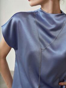 MOTF PREMIUM BLUSA DE MUJER DE MANGA CORTA TIPO MURCIÉLAGO CON CUELLO DE EMBUDO, PRIMAVERA/VERANO - Azul - Ver 2