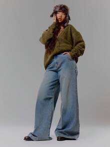 MUSERA Low Rise Embroidered Graphic Wide Leg Washed Denim Jeans Streetwear Coolgirl Winter Sexy Casual Odd Drift - Blue - View 1