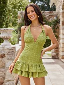 KARISMINA Women's Solid Color Knitted Halter Jumpsuit, Spring/Summer Vacation - Green - View 7
