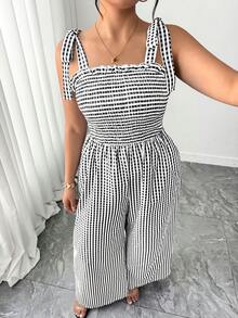 Elenzga Bộ áo liền quần nữ cỡ lớn kiểu dáng thường ngày, chất liệu dệt kim, dây buộc, họa tiết kẻ caro bất đối xứng, màu đen trắng, thích hợp cho mùa hè. - Đen và trắng - Xem 2