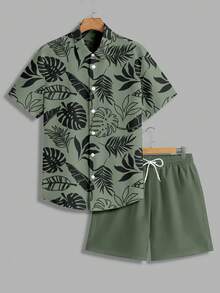 VIVINTIMO Men's Tropical Plant Leaf Print Vacation Style Shirt Set