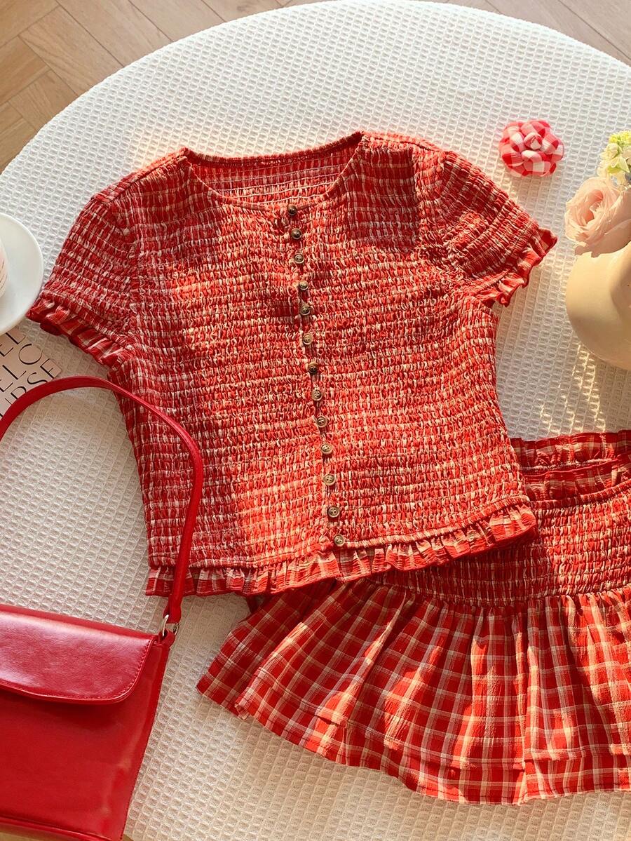 Comfortcana 女士休闲夏季上衣和短裙两件套 - 紅色 - 查看 1