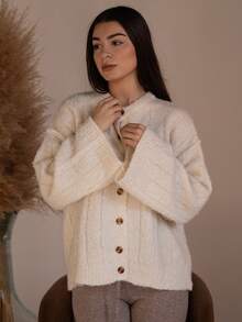 Andrea Bello Oversized Drop Shoulder Button Down Knit Cardigan Fall Cute Streetwear Festival Farmhouse , Country, Vintage, Fall Autumn Winter  Evening Party Elegant  Winter  Spring  Sweater - Cream - View 3