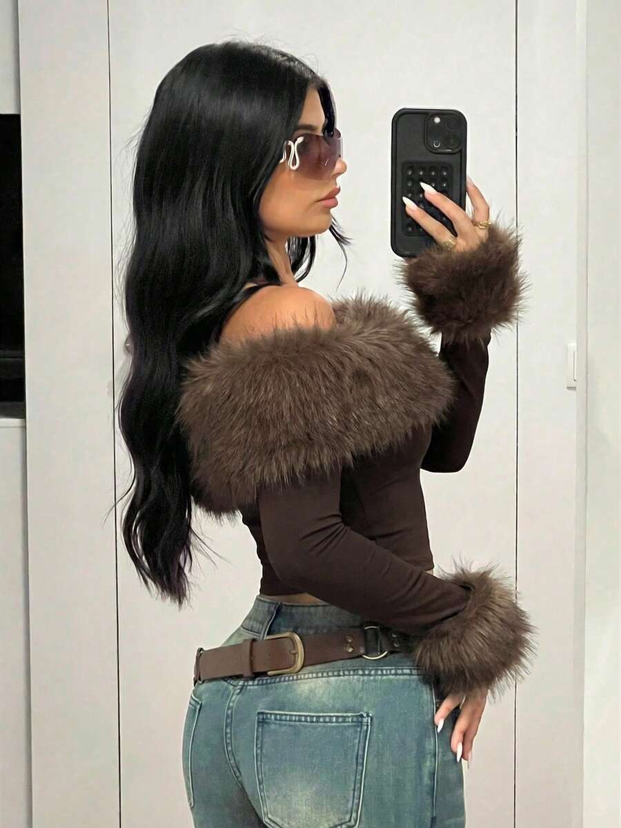 SHEIN ICON Chic Women's Off Shoulder Long Sleeve Crop Top In Rust Brown Knitted Fabric With Contrast Faux Fur - Rust Brown - View 1