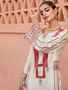 SHEIN Najma Đầm dài tay cổ tròn dáng xòe in họa tiết thanh lịch dành cho nữ - Nhiều màu - Xem 7