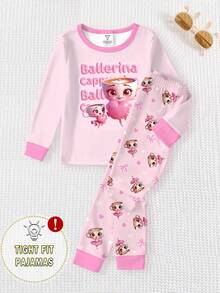 1 Set Young Girls Heart & Girl Print Contrast Collar & Cuff Knit Tight Fit Long Sleeve Top And Allover Print Pants Pajama Set - Pink - View 1