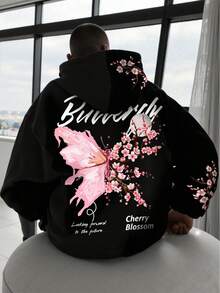 Manfinity EMRG Men's Street Style Butterfly & Pink Sakura Flower Print Hoodie - Black - View 1
