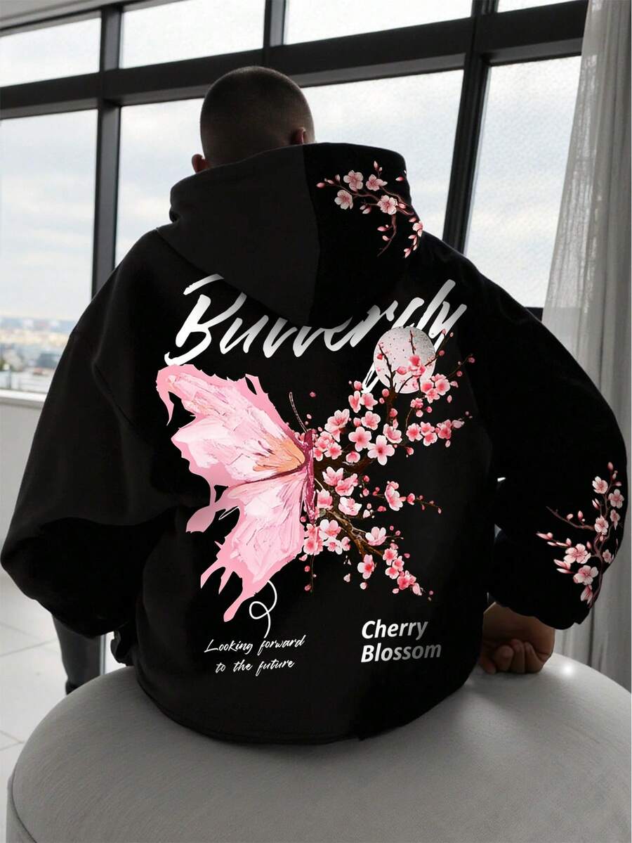 Manfinity EMRG Men's Street Style Butterfly & Pink Sakura Flower Print Hoodie - Black - View 1