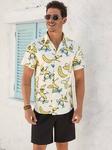 VIVINTIMO Men's Button Front Cartoon Banana Allover Print Short Sleeve Casual Vacation Shirt - Apricot - View 2