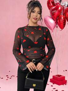 Elenzga 大码女式复古优雅修身褶皱渐变印花网纱弹力长袖打底T恤衫上衣，女士春秋服装 - 黑色 - 查看 3