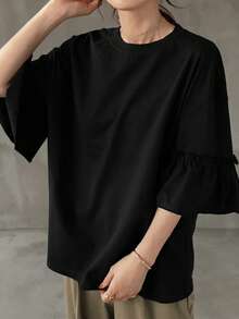 FRIFUL Camiseta de manga larga de unicolor y sencilla para mujeres - Negro - Ver 4