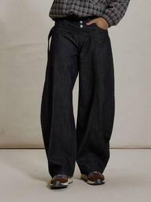 Musero 日式桶形裤型原色牛仔裤，配有系带和纽扣细节，是冬季必备单品。 - 黑色 - 查看 2