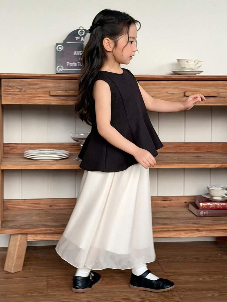 2pcs/Set Young Girls Round Neck Sleeveless Ruffle Blouse And Skirt Set