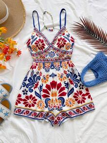 Soleia Women's Colorful Tropical Print Sleeveless Jumpsuit, One Shoulder, Metal Decor, Suitable For Brunch, Summer, Mother's Day, Graduation, Church, Beach, Music Festival, Airport, Afternoon Tea,  Spring To Summer Valentine's Day  Carnival Carnival Costume  Party Beach Wedding - Multicolor - View 5