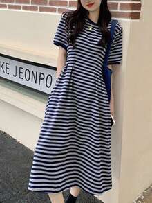 Dama de mediana edad lianyi Vestido de verano de mujer de estilo sencillo, manga corta, a rayas, suelto tipo camiseta, que favorece la figura y combina con todo - Azul Marino - Ver 5