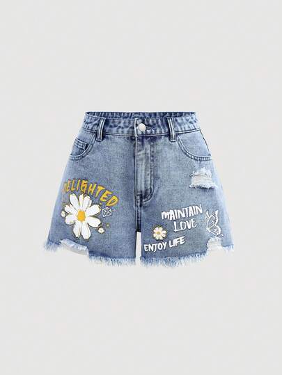 SHEIN Girlism Teen Girl Elegant Light Washed Distressed Bowknot Denim Jeans Shorts With Pocket Insert,Faux Pearl,And Frayed Hem,For Spring And Summer Vacation Festival,Cute Vacation Print Shorts