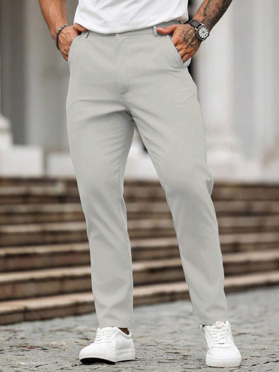 Manfinity Homme Men's Solid Color Casual Dress Pants - Light Grey - View 1