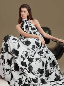 Ontre 2026春夏新款女式梭织面料褶皱印花宽松高领系带连衣裙，适合情人节、婚礼季、独立日、都市时尚、简约通勤风。 - 白色 - 查看 8