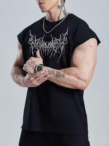 GymBeat Men's Gothic Print Round Neck Casual Fitness Workout Tank Top - Black - View 3