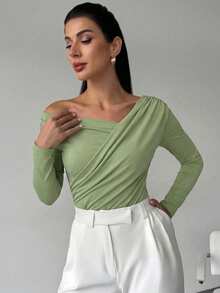 Firerie Áo croptop trắng dài tay, thanh lịch, tối giản, cổ bèo bất đối xứng dành cho nữ, phù hợp cho đi làm hàng ngày, lễ hội âm nhạc và kỳ nghỉ. - màu xanh lá - Xem 8