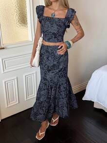 DAZY 女士优雅花卉荷叶袖吊带背心和鱼尾牛仔裙套装，夏季 - 藍色 - 查看 6