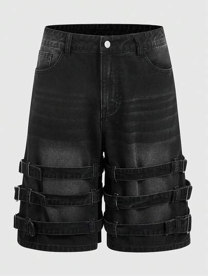 ROMWE MEN Street Life Quần short denim nam dáng rộng, nhiều dây đeo và túi, kiểu dáng thường ngày.