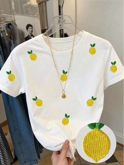 Women & Teen Girls Cropped Pineapple Print T-Shirt, Versatile For Casual Outings, Suitable For Spring, Summer, Fall, All-Match Fitted Tee, White