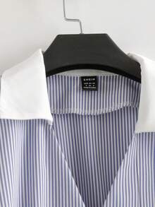 EMERY ROSE Women Blue Striped Casual Peplum Wrap Blouse With Collar Puff Half Sleeve Flared Hem - Blue - View 3