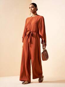 Zivah 2026 春季新品度假风音乐节复活节西部游牧风生日派对休闲街头风圆领披肩宽松系带腰身编织面料极简通勤连体裤棕色 - 咖啡棕 - 查看 5