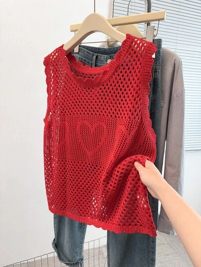 GlowEve CURVE Early Spring New Romantic Valentine's Day Fashion Versatile Breathable 3D Floral Pattern Cute Red Heart Decor Hollow Out Knit Vest For Women