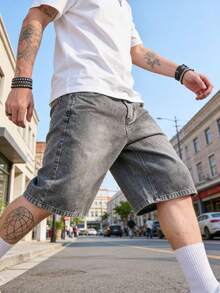 GENTILAND Quần short denim nam dáng rộng, túi xéo, chất liệu denim mài, thích hợp cho mùa hè. - Xám - Xem 3