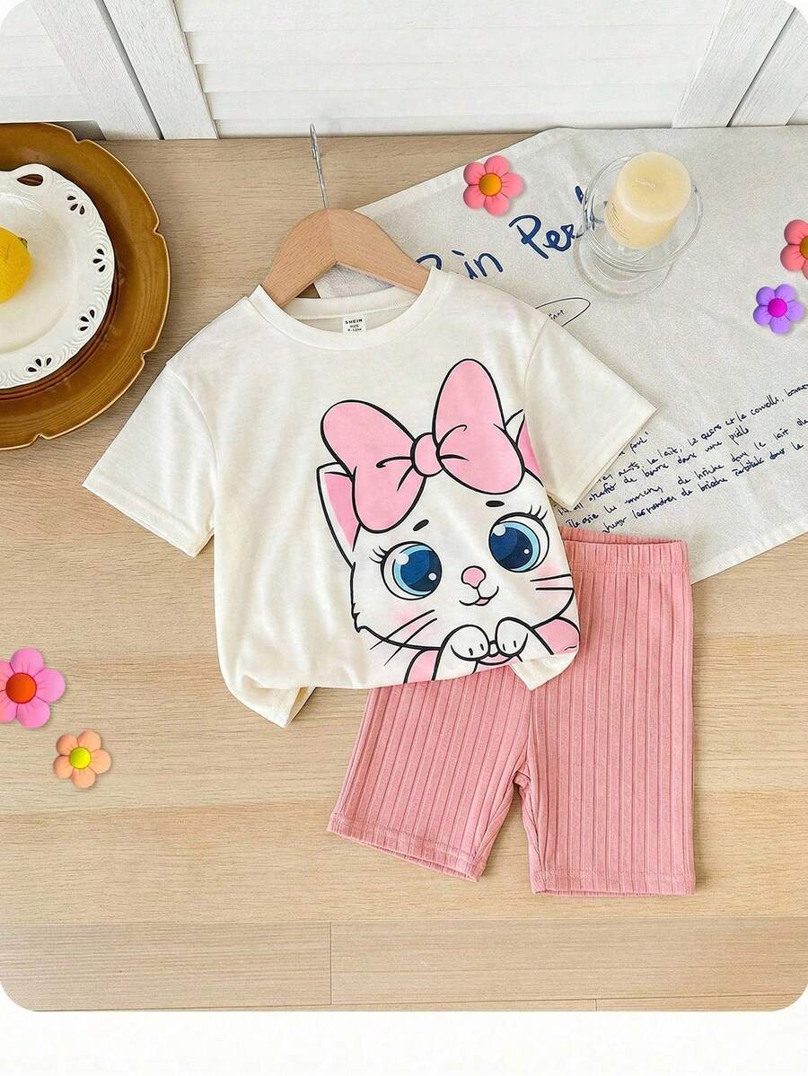 SHEIN 2pcs Baby Girl Knitted Crew Neck Cute Cat Pattern Casual T-Shirt And Shorts Set - Multicolor - View 1