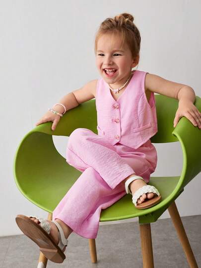 Maija Kids 少女纯色单排扣背心上衣搭配阔腿裤休闲套装