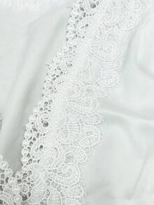 Elenzga 女士优雅时尚通勤休闲舒适迷人复古简约高端浪漫假日长袖褶皱腰部A字裙摆荷叶边后腰抽绳纯色缎面拼接蕾丝边衬衫 - 白色 - 查看 7